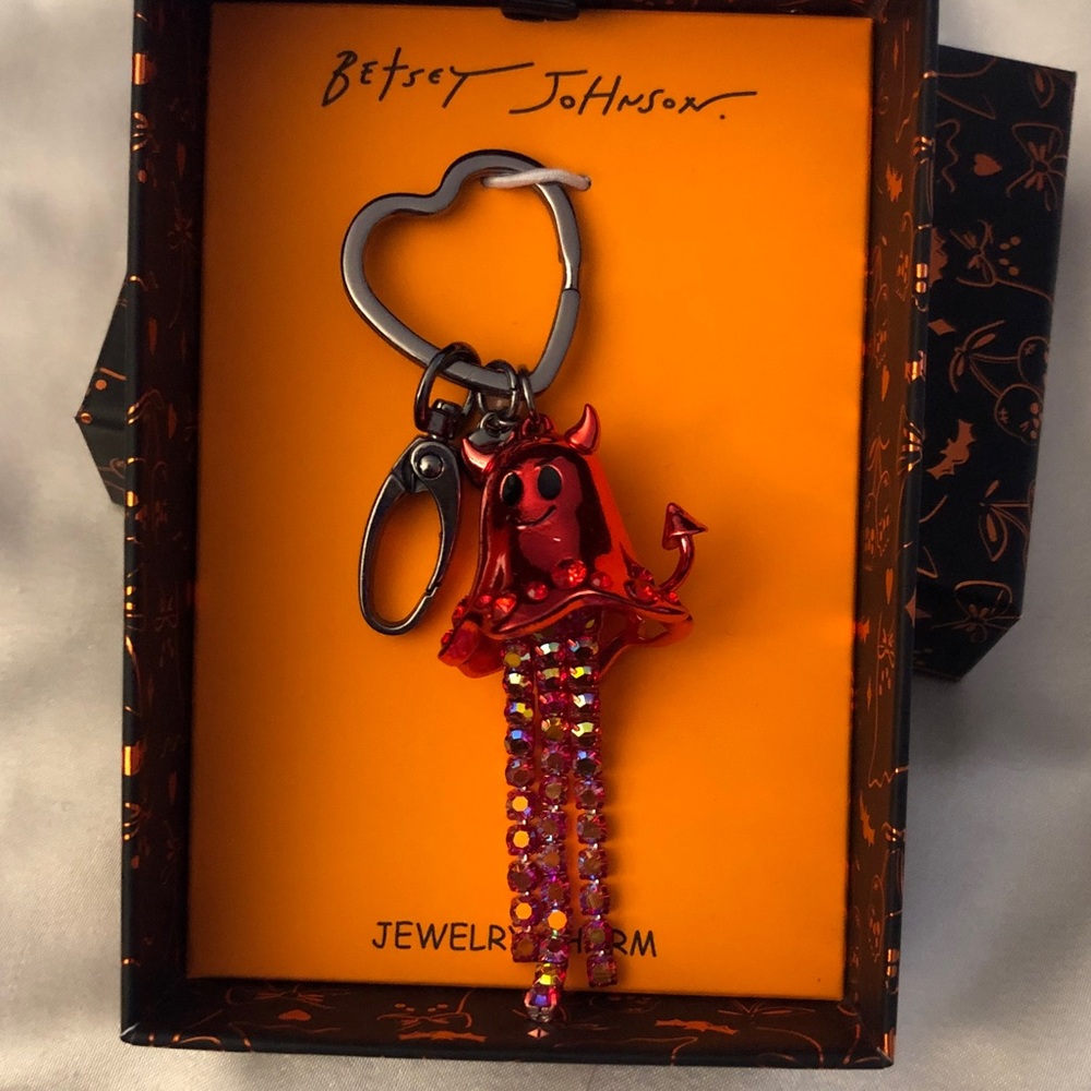 Betsey Johnson Metallic Red Devil Ghost & Fringe Bag Charm Keychain Crystal NIB